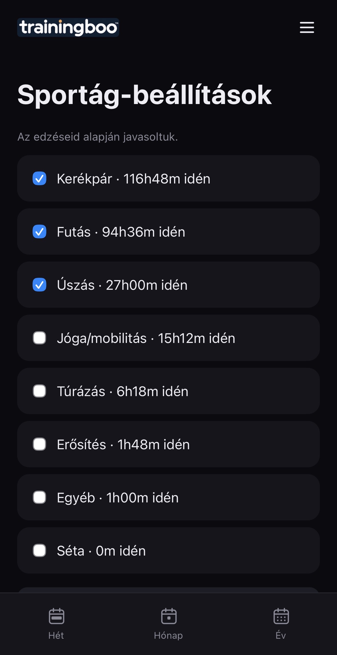 Sportág-beállítások